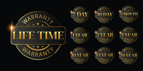 set of golden warranty logo,Vector golden warranty number. 7, 30, 3, 1, 2, 3,6, 5, 10, 15,,20life time,logo design. vector illustration