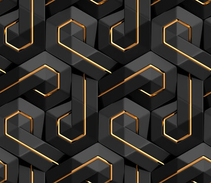 Futuristic 3D geometric pattern composed of hexagons with a luxurious black and gold color resembling an intricate mosaic