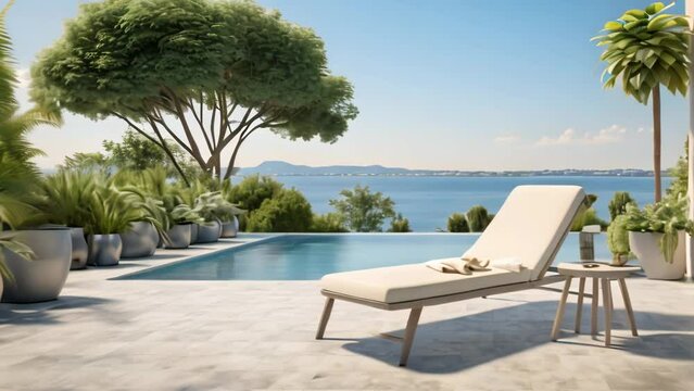 lounge chair on terrace near swimming pool