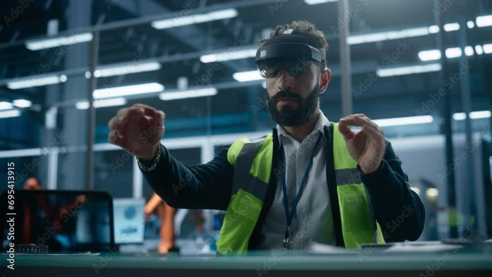 Poster hispanic male industrial designer sitting in factory office and using augmented reality headset to a
