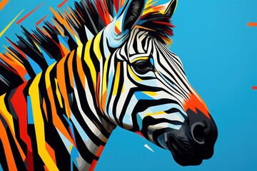  a close up of a zebra's head with multicolored stripes on it's body and a blue background with orange, white, yellow, red, black, and orange, and black stripes.