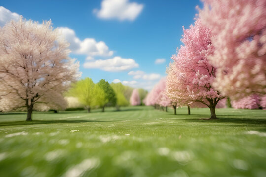 spring in the park, A road with pink trees in the middle of it, nature spring view grass landscape ai generated Pro Photo, Beautiful Garden Stock Photos And Images, Garden View Images, Generative AI