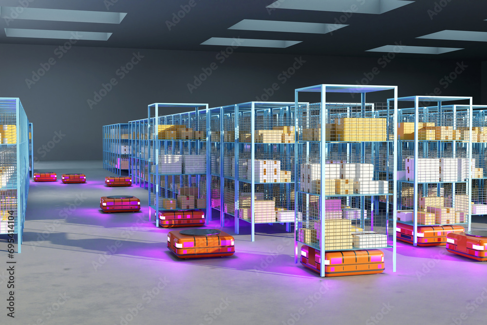 Poster building of distribution center from inside. modern retrieval machines. robots near racks with parce