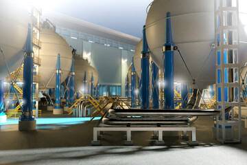 Spherical storage for fuel. Energetics plant under. Innovations power industry 3d image
