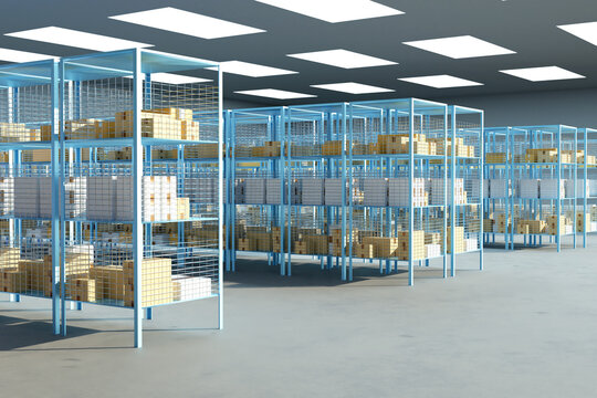 Cardboard boxes on warehouse shelves. 3d image