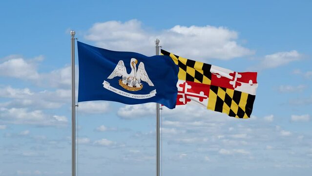 Maryland and Louisiana US state flags waving together on cloudy sky, endless seamless loop