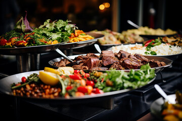 close up of a catering buffet with vegetable and meat dishes for a party, festive, row of food trays, wedding reception