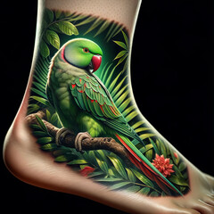 A photorealistic image of a green parakeet with red accents, positioned thoughtfully on a branch in a tropical environment, visualized as a tattoo on . - obrazy, fototapety, plakaty