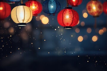 Obraz premium Colorful hanging lantern traditional Asian decor on blurred night street. Chinese lantern festival. New Year abstract greeting background with copy space. Design for poster, card, banner