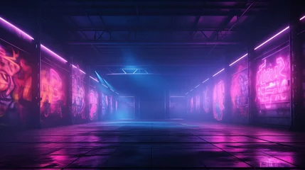 Foto op Plexiglas Sci Fi Futuristic Smoke Fog Neon Laser and graffiti art in Garage Room,blue pink violet neon abstract background,ultraviolet light,night club Cyber Undergound Warehouse Concrete Reflective Studio © Amonthep