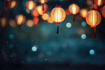 Colorful hanging lantern traditional Asian decor on blurred night street. Chinese lantern festival....