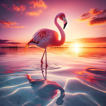 A picturesque image of a flamingo standing in crystal clear waters at sunset, ideal for stock photography.