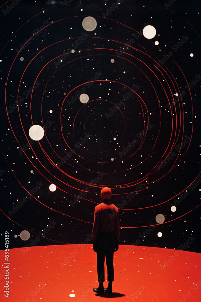 Poster stylized human form with minimalist planets and stars within.
