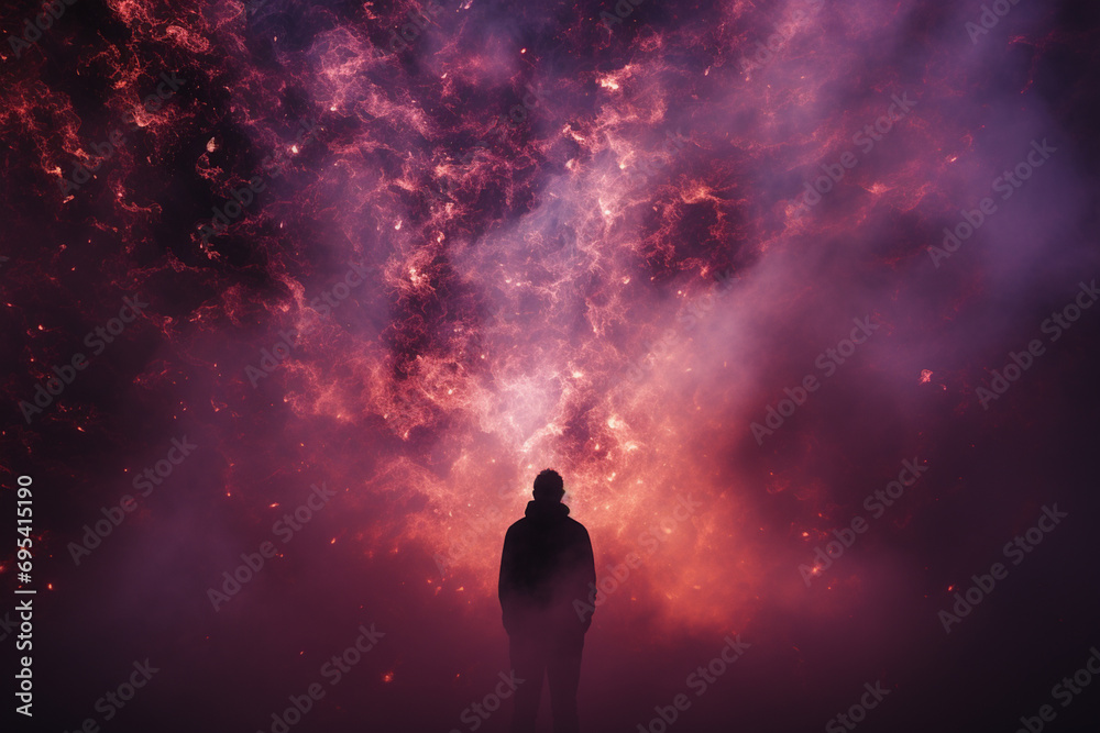 Poster Simplistic design of a person in a meditation pose with a universe backdrop.