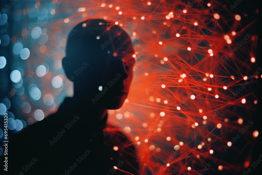Poster Simplistic outline of a human with an abstract cosmic pattern within.