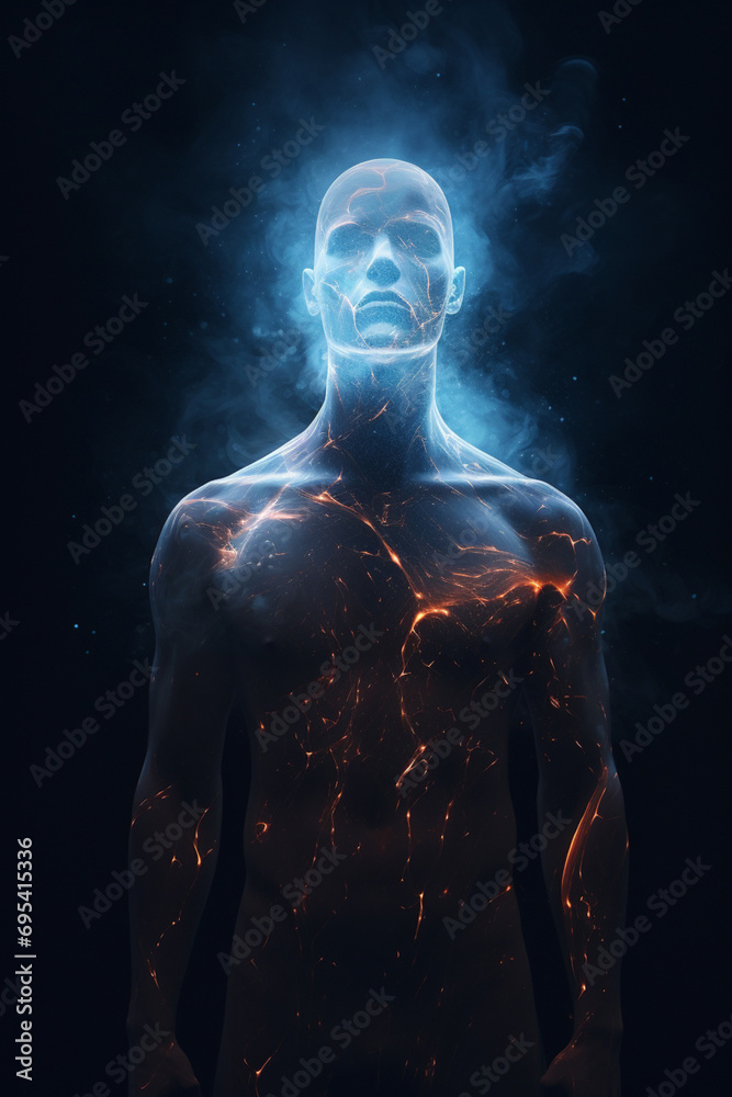 Poster abstract, minimalist human form with a cosmic glow emanating from within.