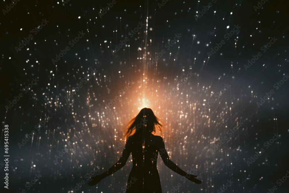 Poster a figure with an ethereal, star-filled aura, blending into the universe.