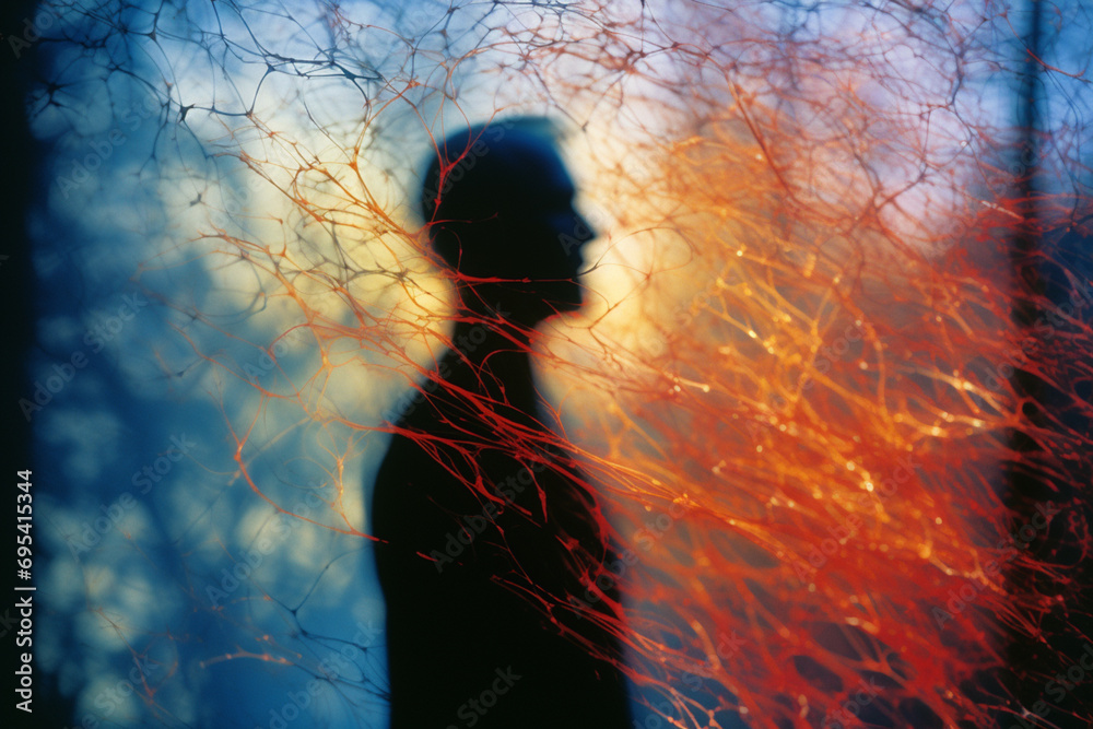 Poster stylized human silhouette with an abstract representation of space-time inside.