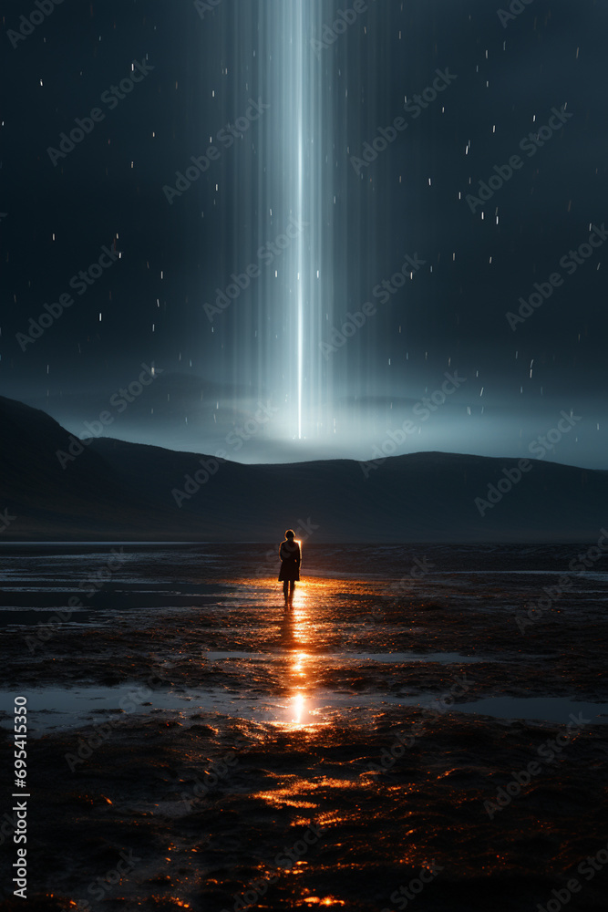Poster minimalist depiction of a person as a gateway to the cosmos.