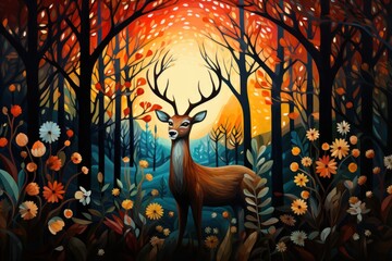  a painting of a deer standing in the middle of a forest with trees and flowers in the foreground, with the sun shining through the trees in the background.