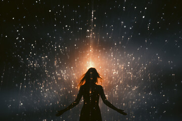A figure with an ethereal, star-filled aura, blending into the universe.