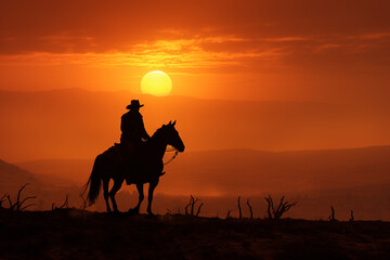 Simplified silhouette of a cowboy riding a horse towards a minimalist sunset.