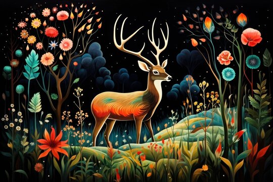  a painting of a deer standing in the middle of a forest with lots of flowers on it's sides and trees and flowers on the other side of the ground.