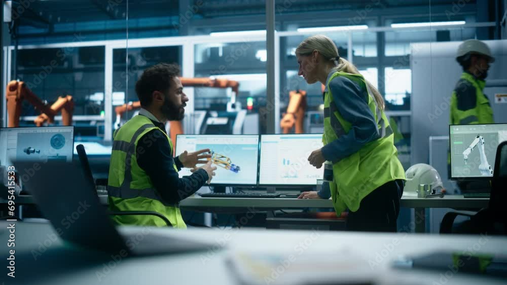 Poster Factory Office: Hispanic Male Industrial Designer Showing Machine Component 3D Render To Caucasian Female Engineer On Desktop Computer. Automated Robot Arm Assembly Line Manufacturing Machinery.