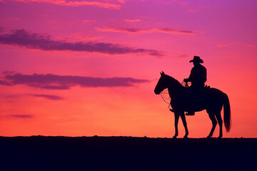 Abstract silhouette of a cowboy and horse against a gradient sunset.