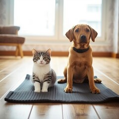 Animals. Sports concept. A red-haired domestic dog and a white tabby cat are sitting on a yoga mat in a home interior and looking at the camera.