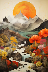 A contemporary collage of a volcanic landscape with abstract elements. - obrazy, fototapety, plakaty