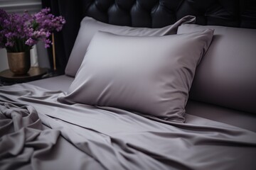  a close up of a bed with a bunch of pillows and a vase of flowers on the side of the bed and a black headboard with a black leather headboard.