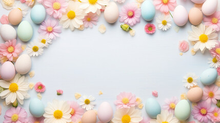 A scattered confetti-like arrangement of pastel flowers and eggs with a clear banner area for text