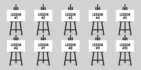 Realistic paint desk with text on white canvas. Black wooden easel and a sheet of drawing paper. Presentation board on a tripod. Distance education, online courses and e-learning. Vector illustration
