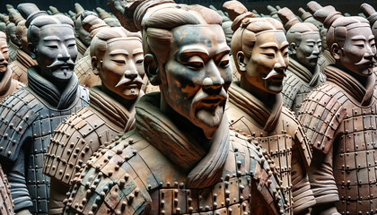 A close or medium shot of ancient terracotta warriors in Xi'an, beautifully crafted with a variety of textures and patterns from paper and fabric.