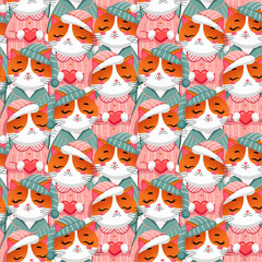 Vector Seamless cats in pajamas, background for Valentine's Day