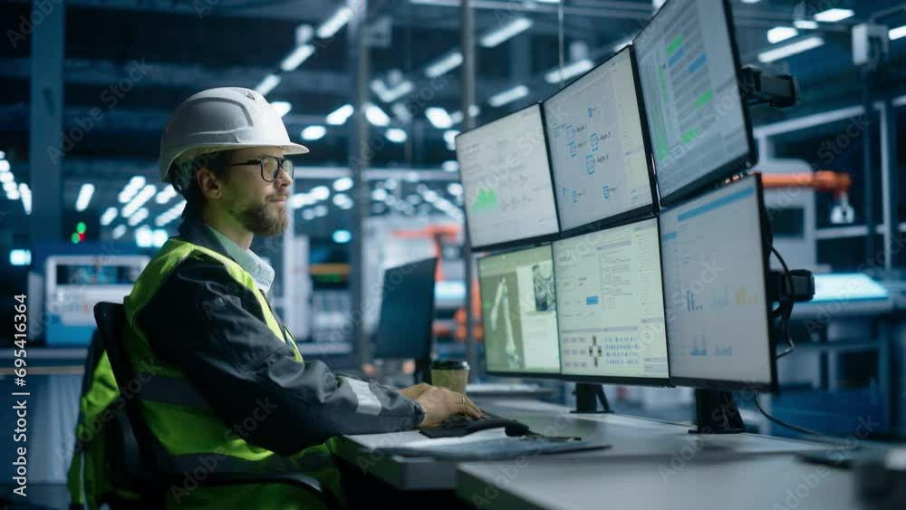 Leinwandbilder Caucasian Male Autonomous Assembly Line Operator Using Multi Monitor Workstation To Monitor And Control Automated Production Of Electronics With Robotic Arms. Man Adjusting Manufacturing Process.