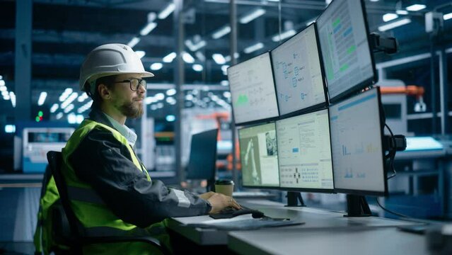 Caucasian Male Autonomous Assembly Line Operator Using Multi Monitor Workstation To Monitor And Control Automated Production Of Electronics With Robotic Arms. Man Adjusting Manufacturing Process.