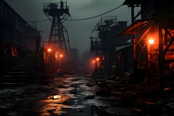3d rendering of a factory in a foggy winter night with lanterns
