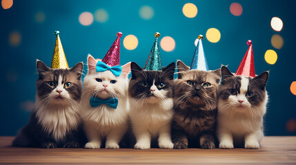 Cat celebration for the birthday party, in the party uniform, blurred background, the new year party