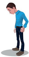 Full height standing boy looking down at his feet. Teenager looks at ground colorful flat vector illustration. Side profile view. Cartoon style.
