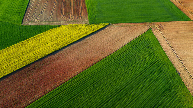 Aerial view of agricultural fields with geometric patterns in shades of green, brown, and yellow, symbolizing nature's patchwork