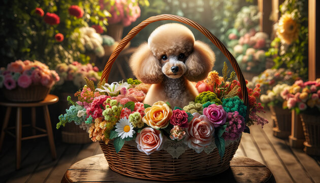 A photorealistic image of a poodle in a basket of vibrant flowers.