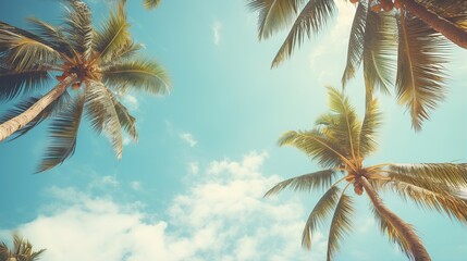 Palm trees on tropical beach, coconut trees. Tropical trees with sunlight in the sky, sunset and clouds abstract background. Vintage tone filter effect color style. - obrazy, fototapety, plakaty