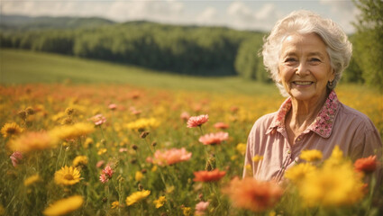 Bella signora pensionata di 80 anni felice in un prato fiorito pieno di fiori colorati in primavera