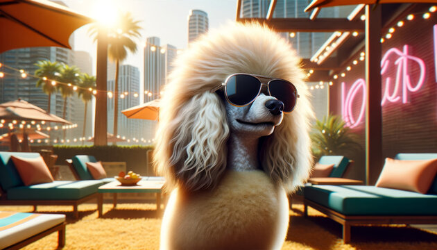 A photorealistic image of a stylish poodle wearing sunglasses in a summer-themed setting.