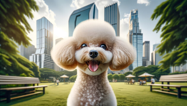 A photorealistic image of a Toy Poodle in a city park.