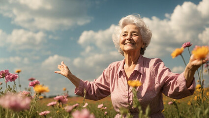 Bella signora pensionata di 80 anni felice in un prato fiorito pieno di fiori colorati in primavera - obrazy, fototapety, plakaty