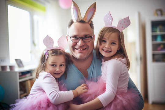 AI Generated Image of happy father with two daughters wearing Easter Bunny ears and having fun while standing at home and looking at camera