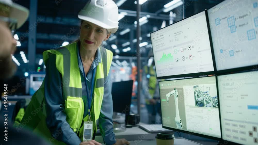 Poster Caucasian Male Process Engineer Using Multi Monitor Workstation And Talking To Female Quality Control Technician At Electronics Factory. Colleagues Monitoring Autonomous Assembly Line With Robot Arms.